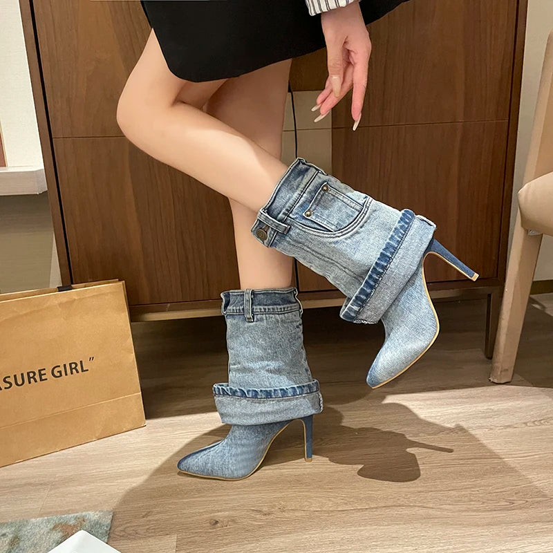 2023 Women's Autumn/Winter Denim Fine High Heel Skirt Boots Fashion Pointed Large Women's Four Seasons Short Boots