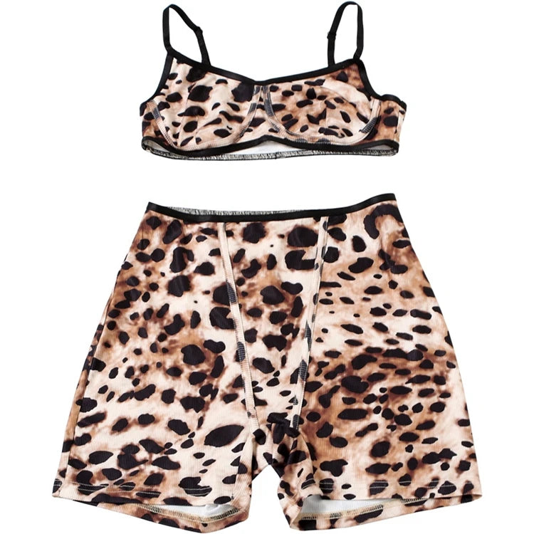 STYLISH LADY Leopard Printed Sports 2 Piece Set Women Strap Crop Bra and Shorts Suits 2025 Summer Sexy Club Street Outfits