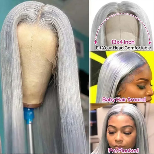 30Inch Straight Lace Front Wig Human Hair Light Grey 13x6HD Lace Front Wig Human Hair Pre Plucked 13x4 Lace Front Wig Human Hair