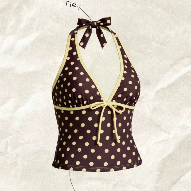 Women Swimwears Polka Dot 2-Piece Tankini Set Halter V Neck Front Tie Cami Top & Contrast Waistband Drawstring Swim Shorts