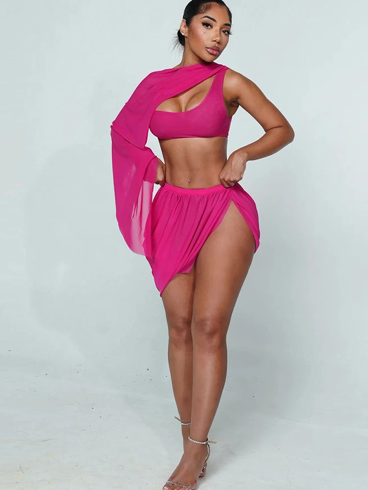 Weird Puss Y2K Sexy 2 Piece Set Women See Through Midnight Irregular Full Sleeve Crop Tops+Ruched Split Skirts Matching Clubwear