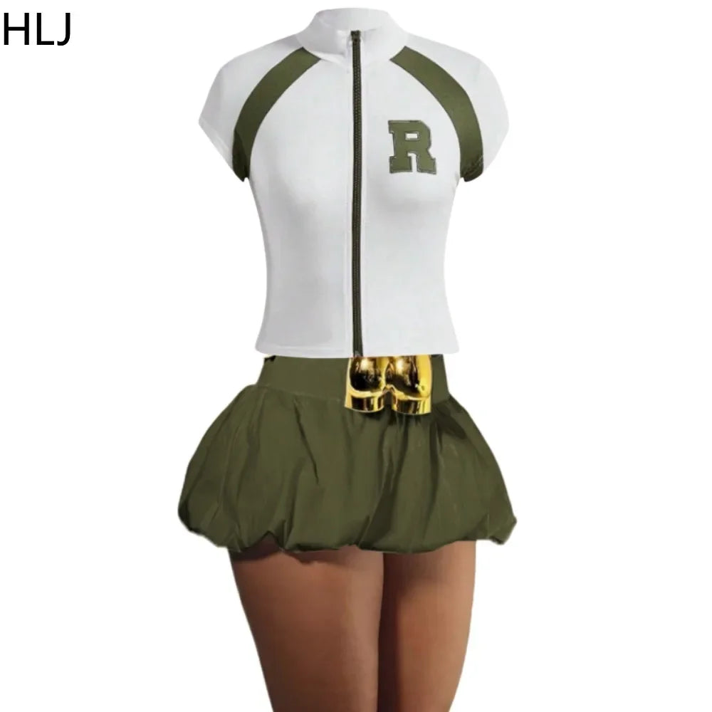 HLJ&GG Fashion Letter Embroidery Two Piece Sets For Women Zipper Short Sleeve Slim Top And Puffy Mini Skirts Outfits Streetwear