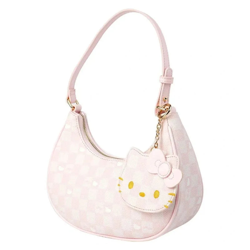 Ladies Pu Leather Armpit Bag Pink Checkerboard Cute Crescent Shoulder Bag Handbag Tote Bag