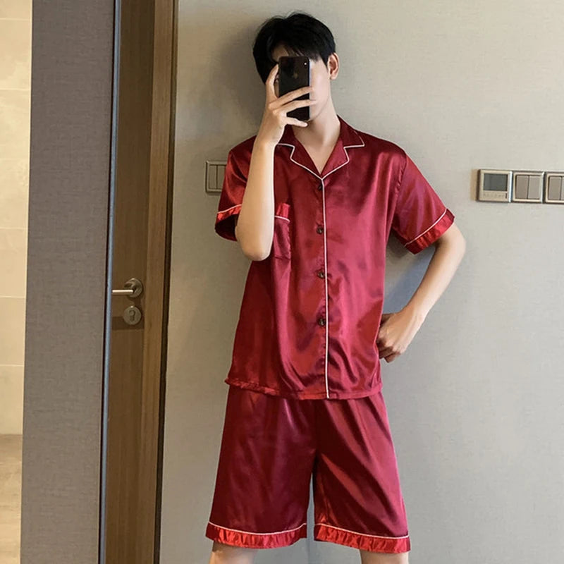 Summer New Pajamas For Man Big Size Satin Mens Pajama Sets Shorts Silk Short Sleeve Sleepwear Home Pijama Night Wear Loungewear