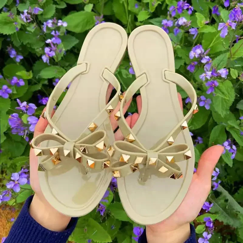 Size 36-42 2026 Hot Sale Fashion Women's Flip Flops Summer Shoes Cool Beach Rivet Big Bow Flat Sandals Jelly Shoes Sandals Girls