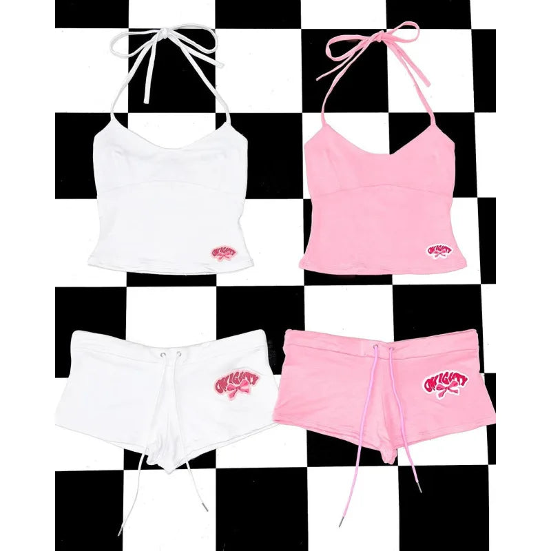 Y2k Summer Dopamine Sexy Hot Girl Beach Strap Tank Top American Super Shorts Two Piece Set