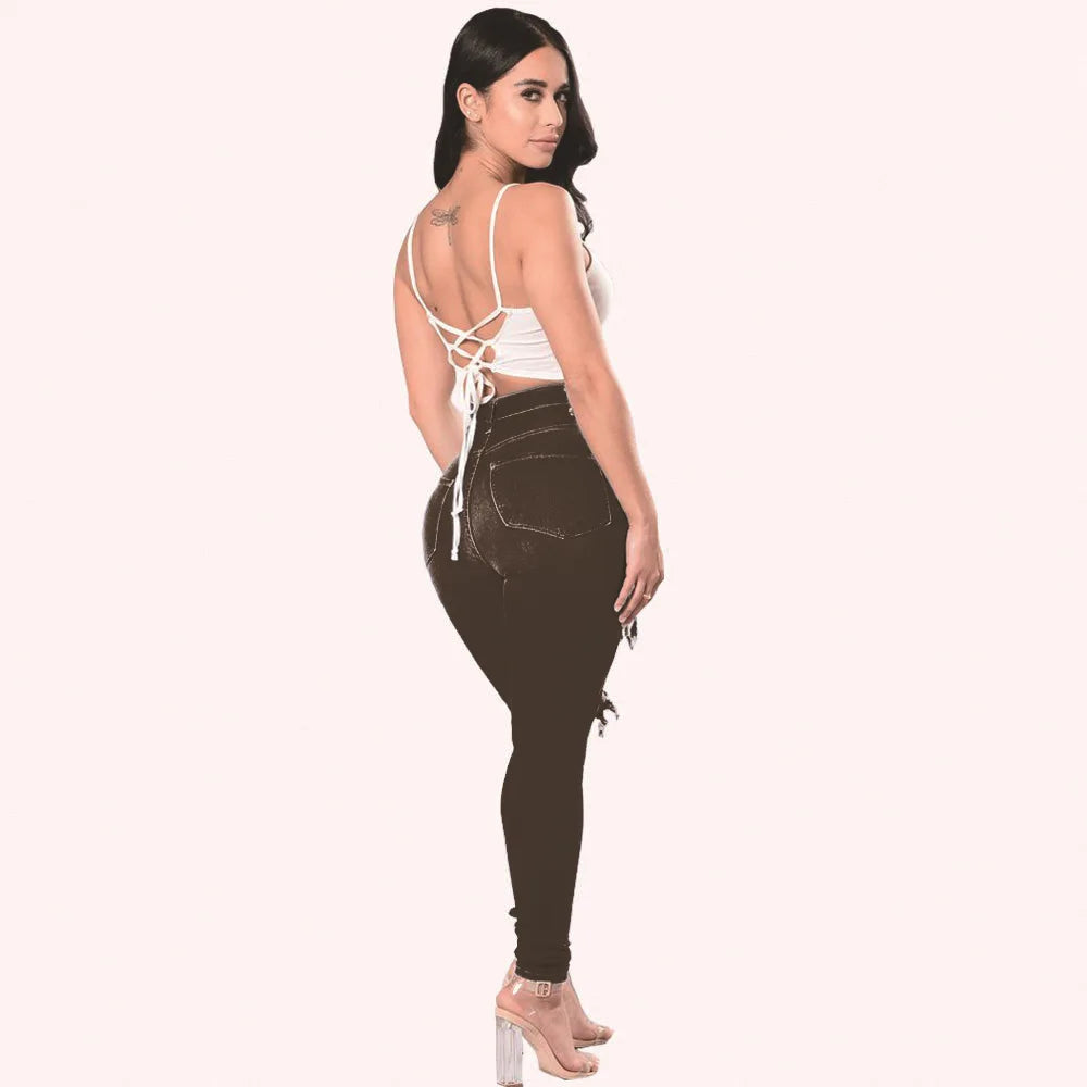 New Designer Women 2025 High Waist Ripped Jeans for Women Skinny Black White Jeans Woman Elastic Slim Jean Female Femme