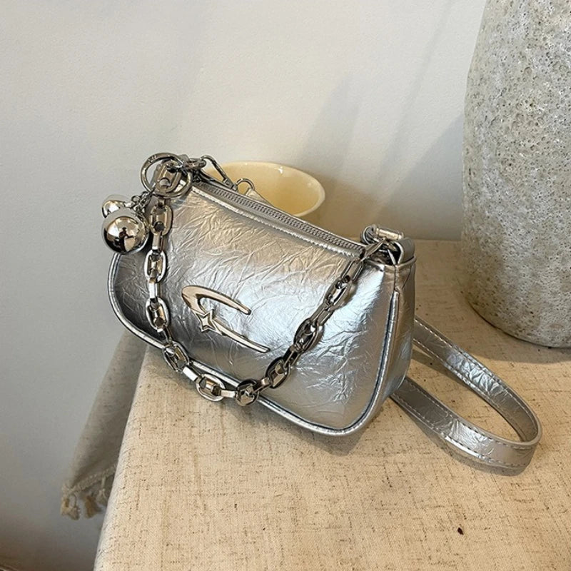 Chic Textured Casual Tote Bag with Silver Chain Detail Underarm Bag Detachable Charm Trendy Mini Shoulder Purse for Women Daily