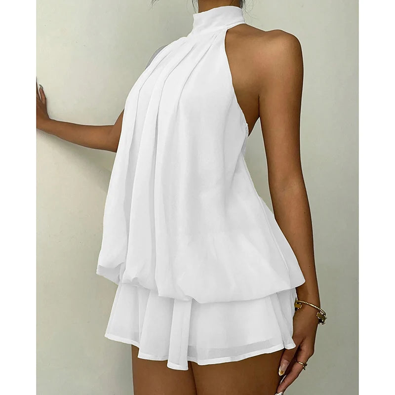 French Style Solid Color Women's Halter Neck Sleeveless Off Shoulder Backless A Line Mini Spicy Girl Beach Vacation Dresses