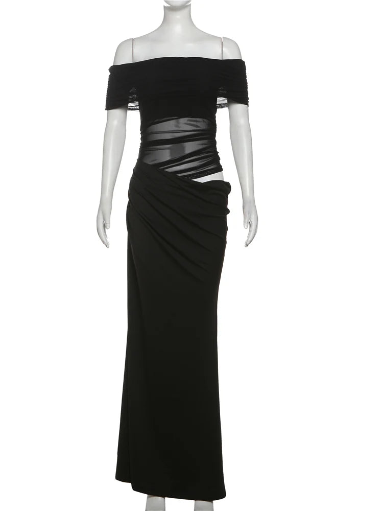 Mesh Patchwork Slash Neck Ruched Long Bodycon Dress — Women's