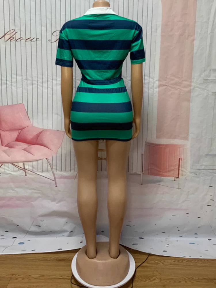 Kricesseen Women's Striped Skirt Set Two-Piece, Girls Short Sleeve Shirt Top And Matching skirt Set Sporty Overalls Active Wear