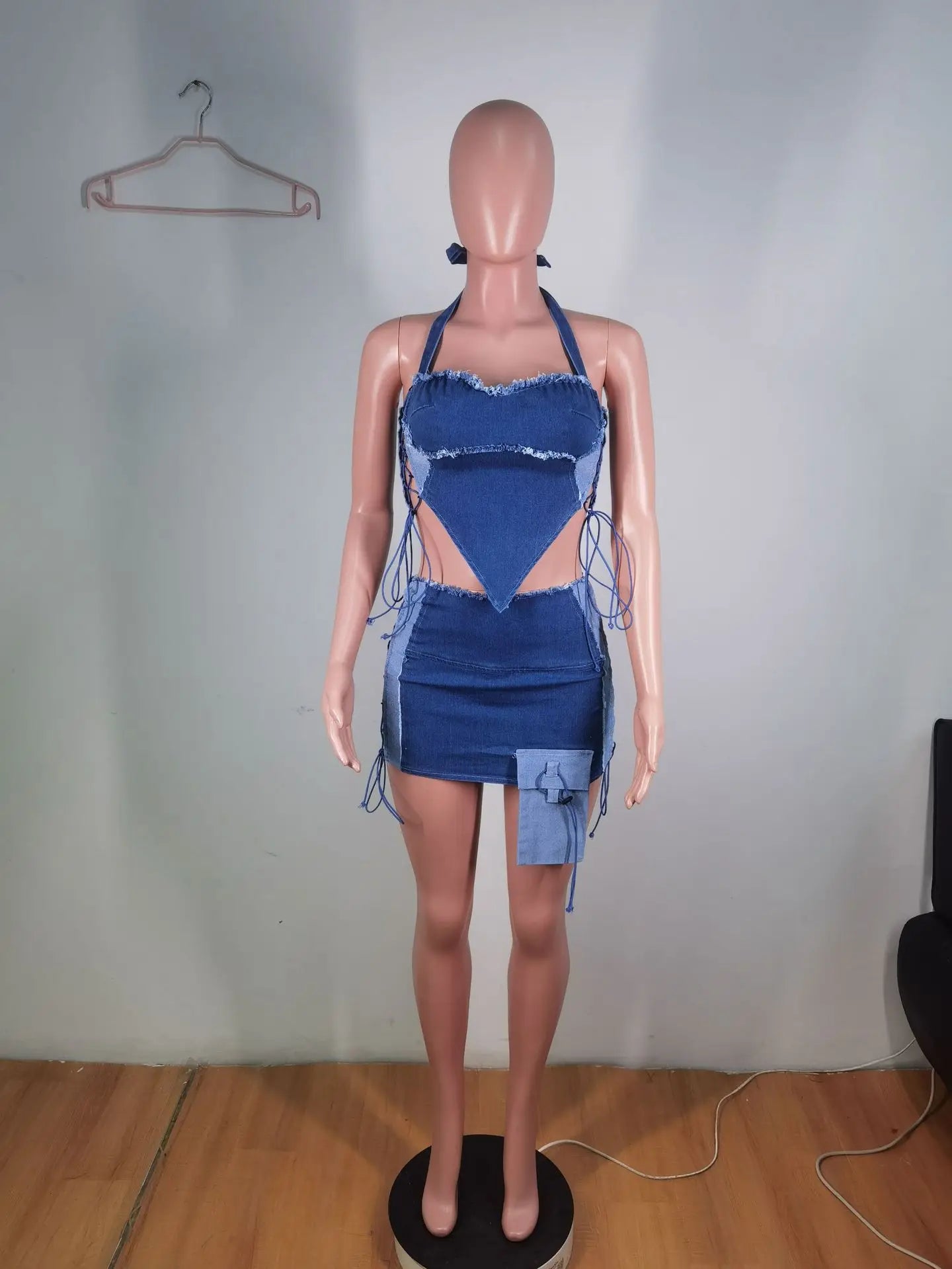 Weird Puss Hollow Bandage jeans 2 Piece Set Women Irregular Halter Zipper Sleeveless Crop Tops+Distressed Patchwork Skirts Suit