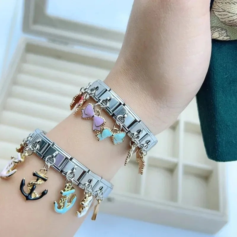 2025 NEW Popular Bow Anchor Pendant Elastic Charm Italian Links Fit 9mm Modular Bracelet Making DIY Jewelry Bulk