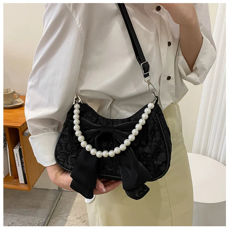 Pearl Female Bag Retro Luxury Designer Handbag Bow Crossbody Bags Fashion Canvas Women's 2023 Trend Shoulder bag Purses