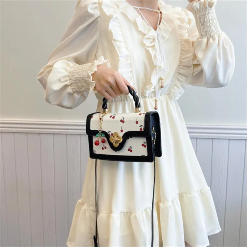 Cute Cherry Printed Handbag Shoulder Bag, Woven Handle Square Tote Bag, Fresh Design Women's Crossbody Bag, Stylish Women Bag