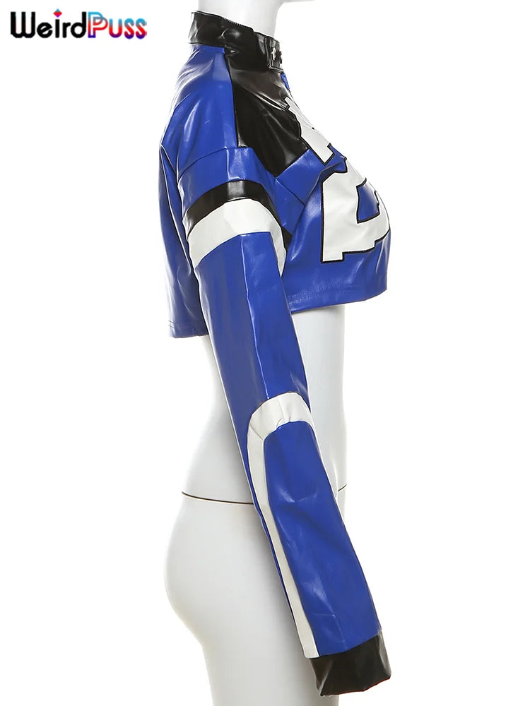 Weird Puss Faux Leather Varsity Jacket Women Hipster Letter Print Autumn Casual Sporty Wild Streetwear Uniform Trend Crop Coat