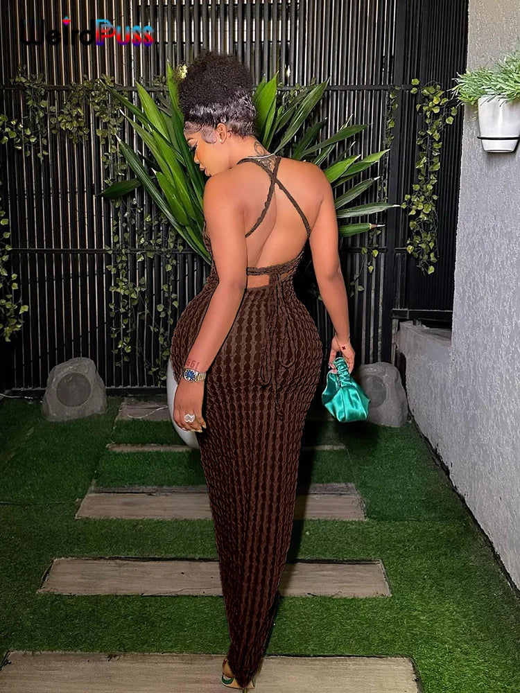 Weird Puss Backless Halter Dress Women Cross Bandage Sleeveless Sexy Elegant Skinny Stretch Wedding Party Maxi Bodycon Vestidos