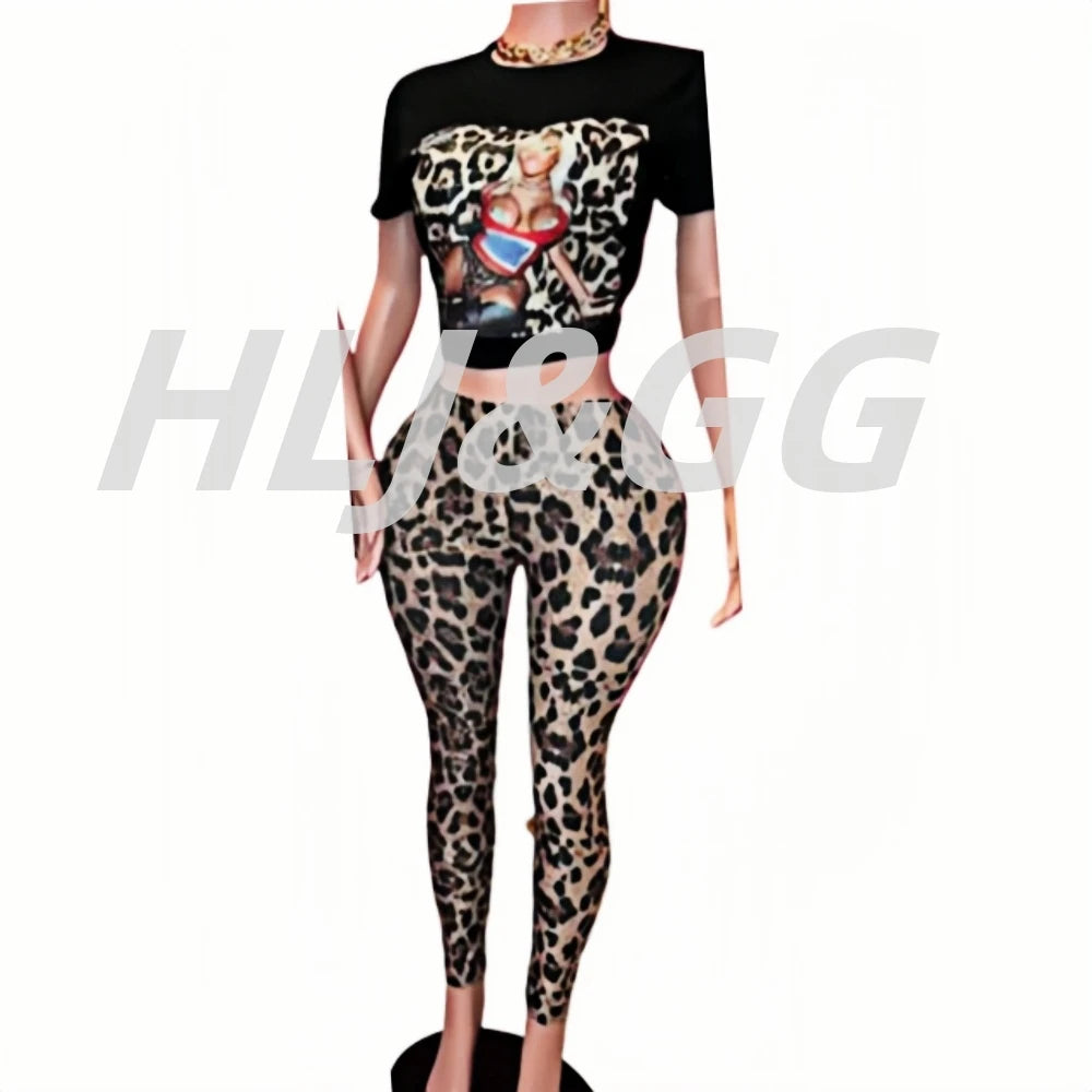 HLJ&GG Sexy Hollow Out Leopard Printing Two Piece Sets Women Halter Bandage Crop Top And Skinny Pants Outfits Fashion Streetwear