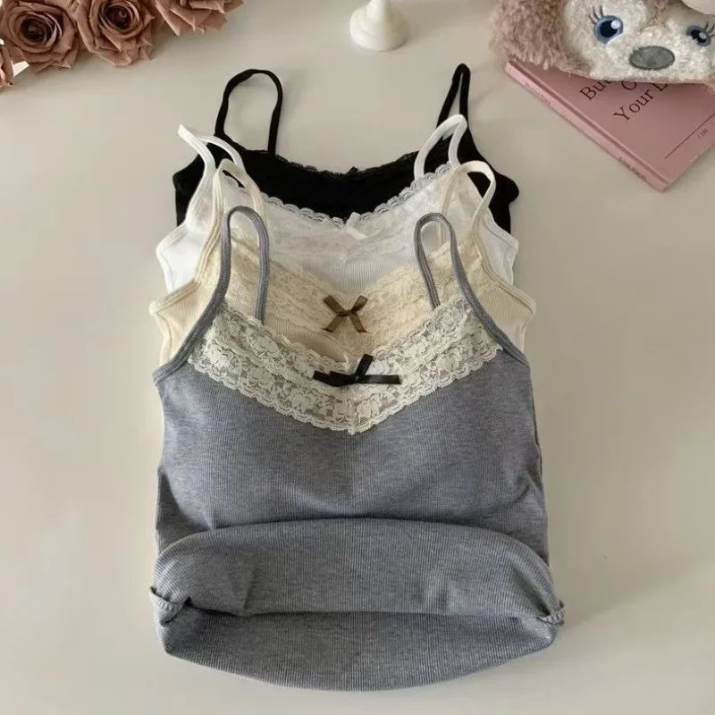 Women Camisole Tank Tops Sexy Bow Sleeveless Corset Top with Chest Pad Sweet Lace Patchwork Crop Tops Summer Slim Elegant Camis