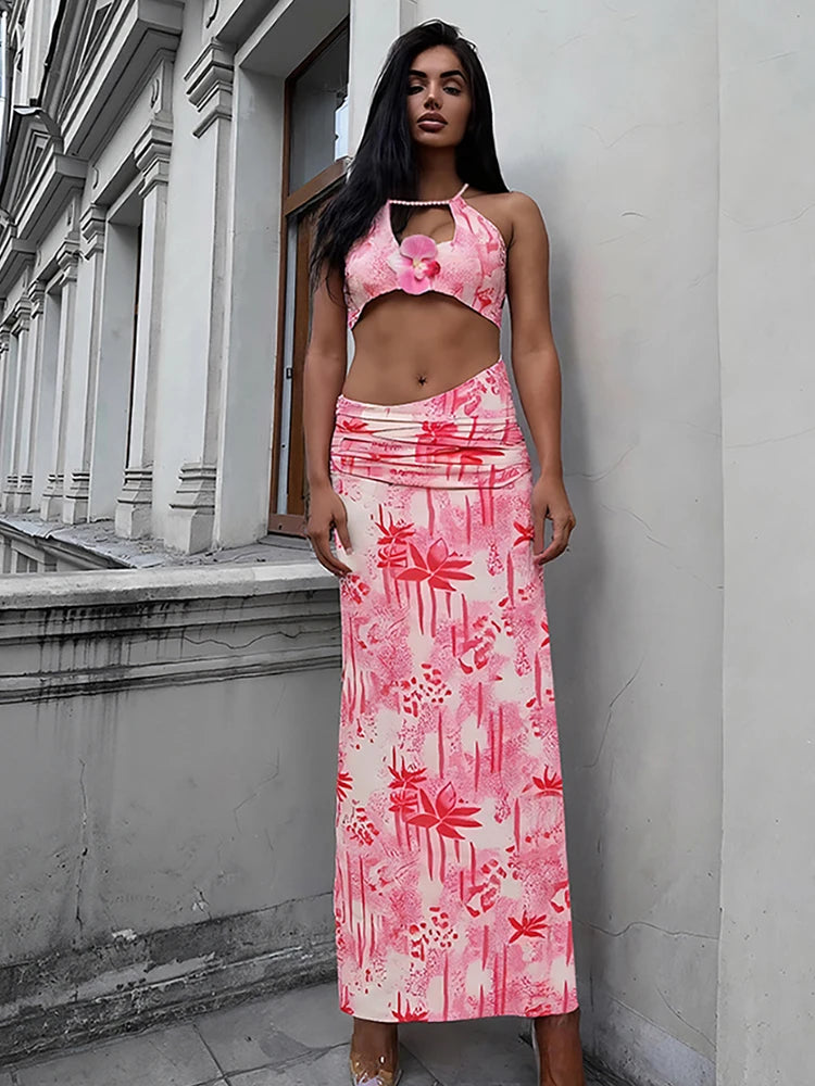 Weird Puss Fashion Patchwork 2 Piece Set Women Pearls Necklace Halter Applique Crop Tops+Skinny Skirts Vacation Beach Style Suit