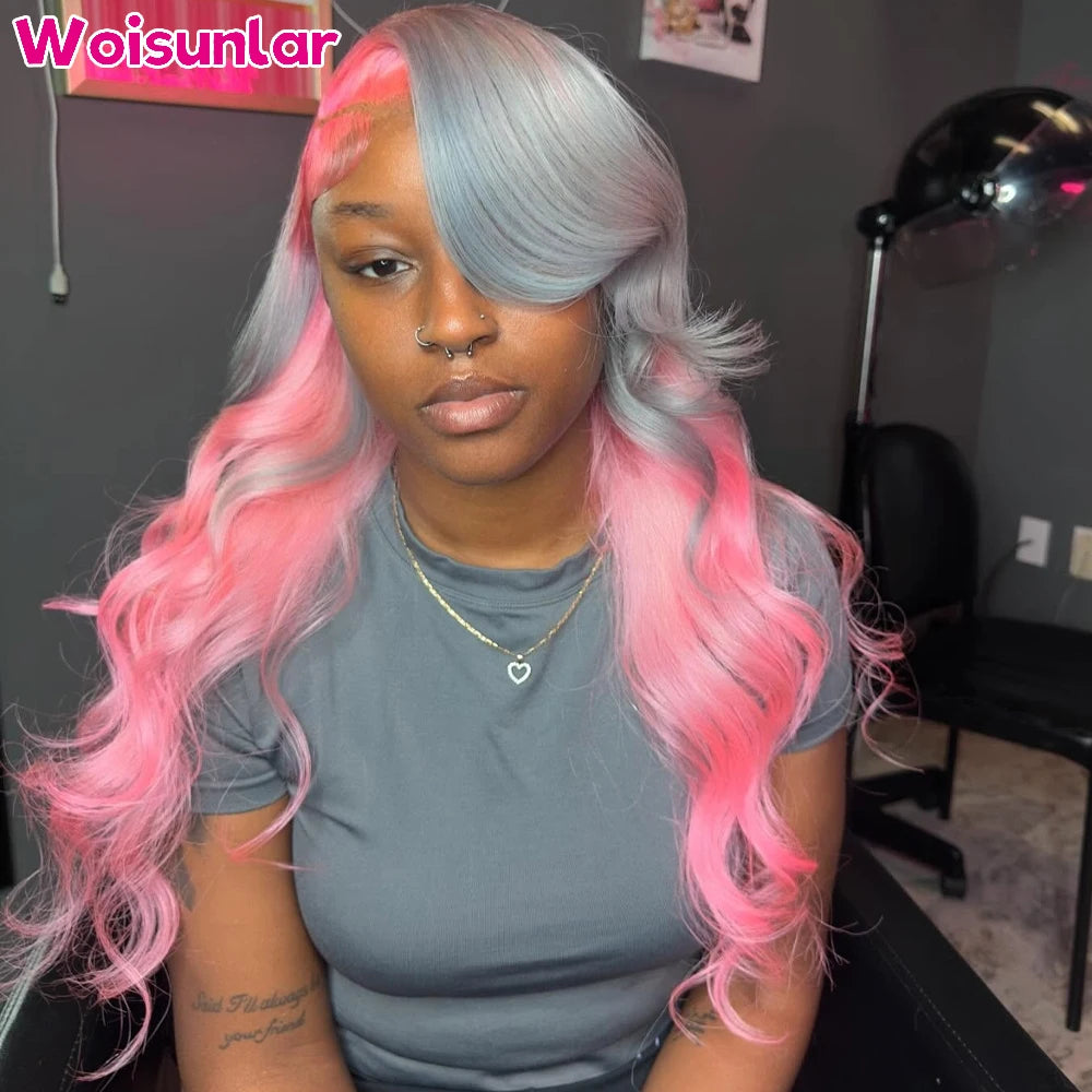 34 inches Ombre Pink and grey Front Lace wigs human hair 13x6 13x4 Transparent Lace body wave 200% For Women Human Hair Wig 100%