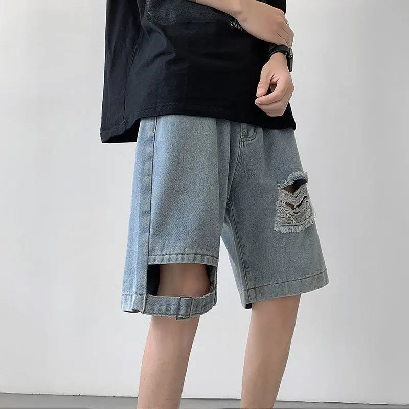 Denim Summer Thin American Ripped Denim Versatile Loose Casual Mid-sized Pants, men's jeans