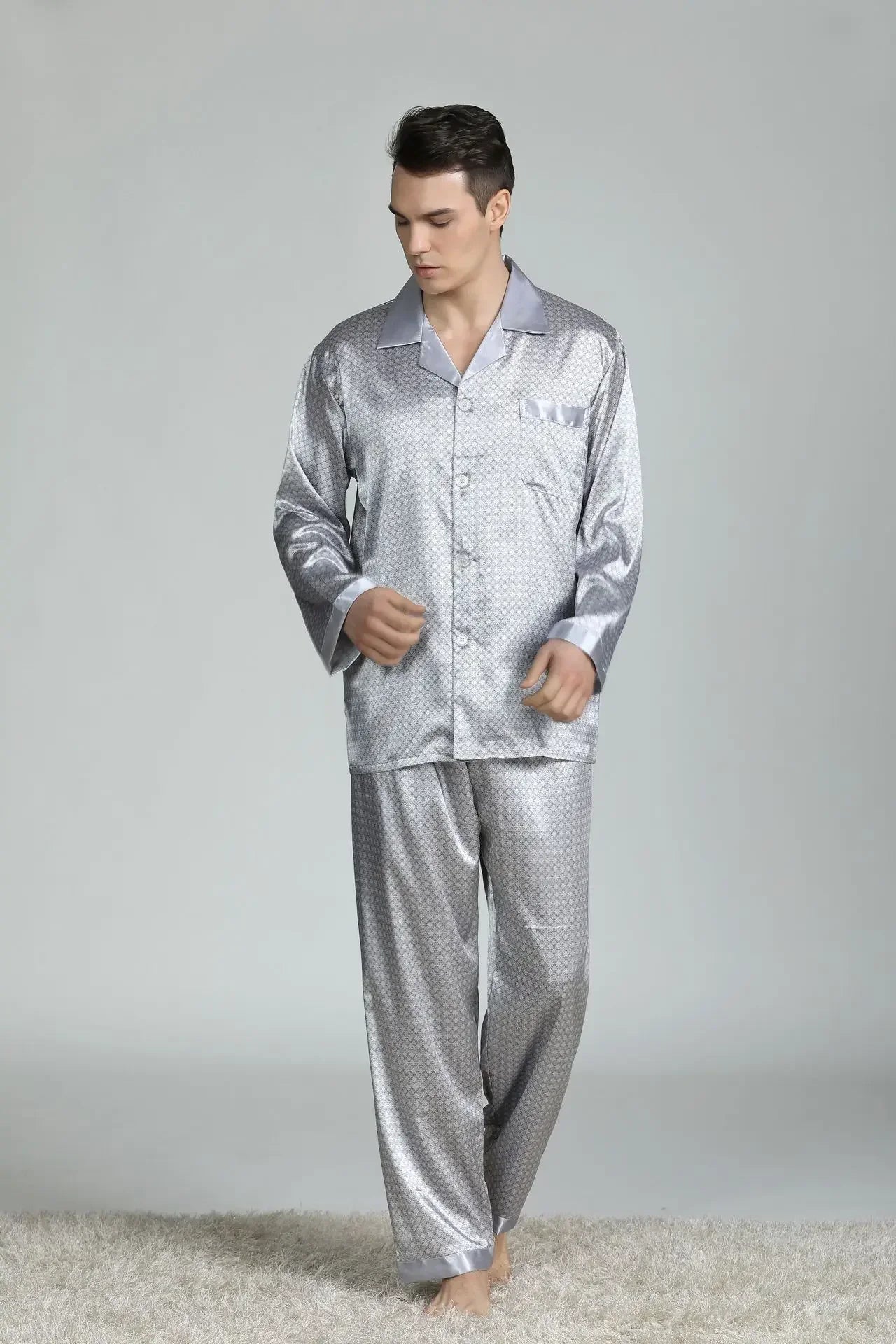 Silk Satin Pajamas for Men Sleepwear Cozy Soft Print Long Sleeve Nightgown Tops + Trousers Two Pieces Mens Pajama Set