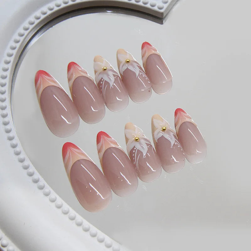 24pcs 3D Pink Flower Design Fake Nails Ins Gradient Pink Sweet False Nail Detachable French Almond Press on Nails for Women Girl