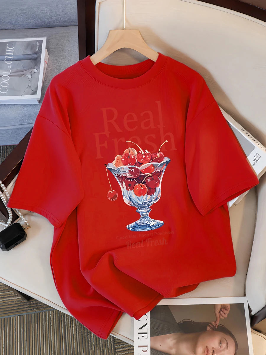 Real Fresh Cherry Fruit Cup Design Tee Shirts Female Comfortable Cotton T Shirt Fashion Casual Clothes Soft Street Short Sleeve
