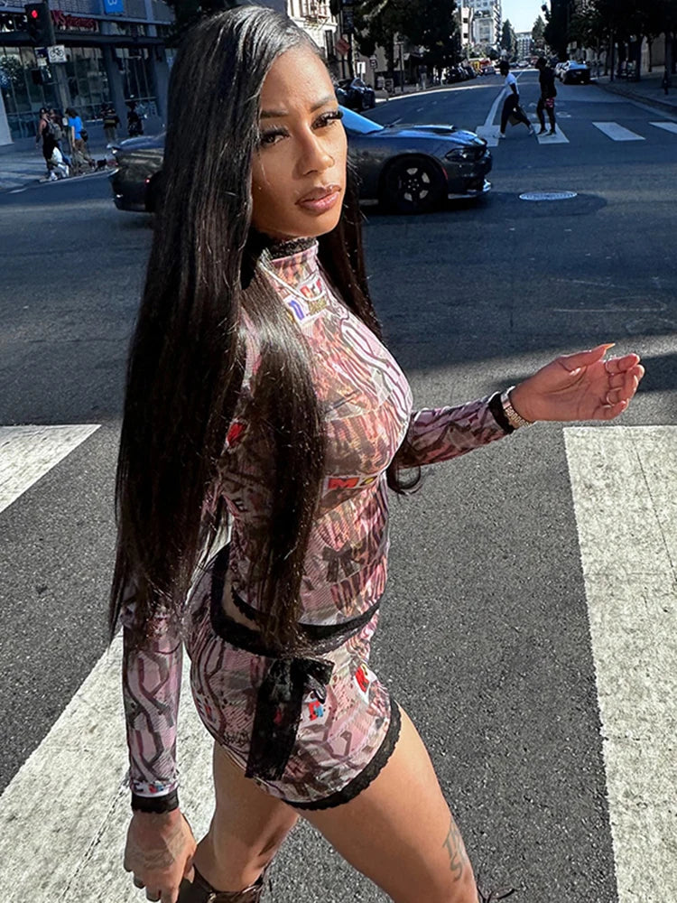 Weird Puss See Through Women 2 Piece Set Sexy Black-Edged Lace Sexy Full Sleeve Crop Tops+Shorts Matching Club Stretch Outfits