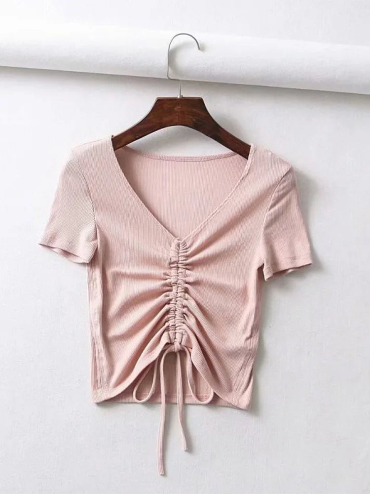 Sexy V Neck Cropped Tank Tops Women Drawstring Tie Up Front Camis Candy Colors Streetwear Slim Fit Ribbed Crop Top