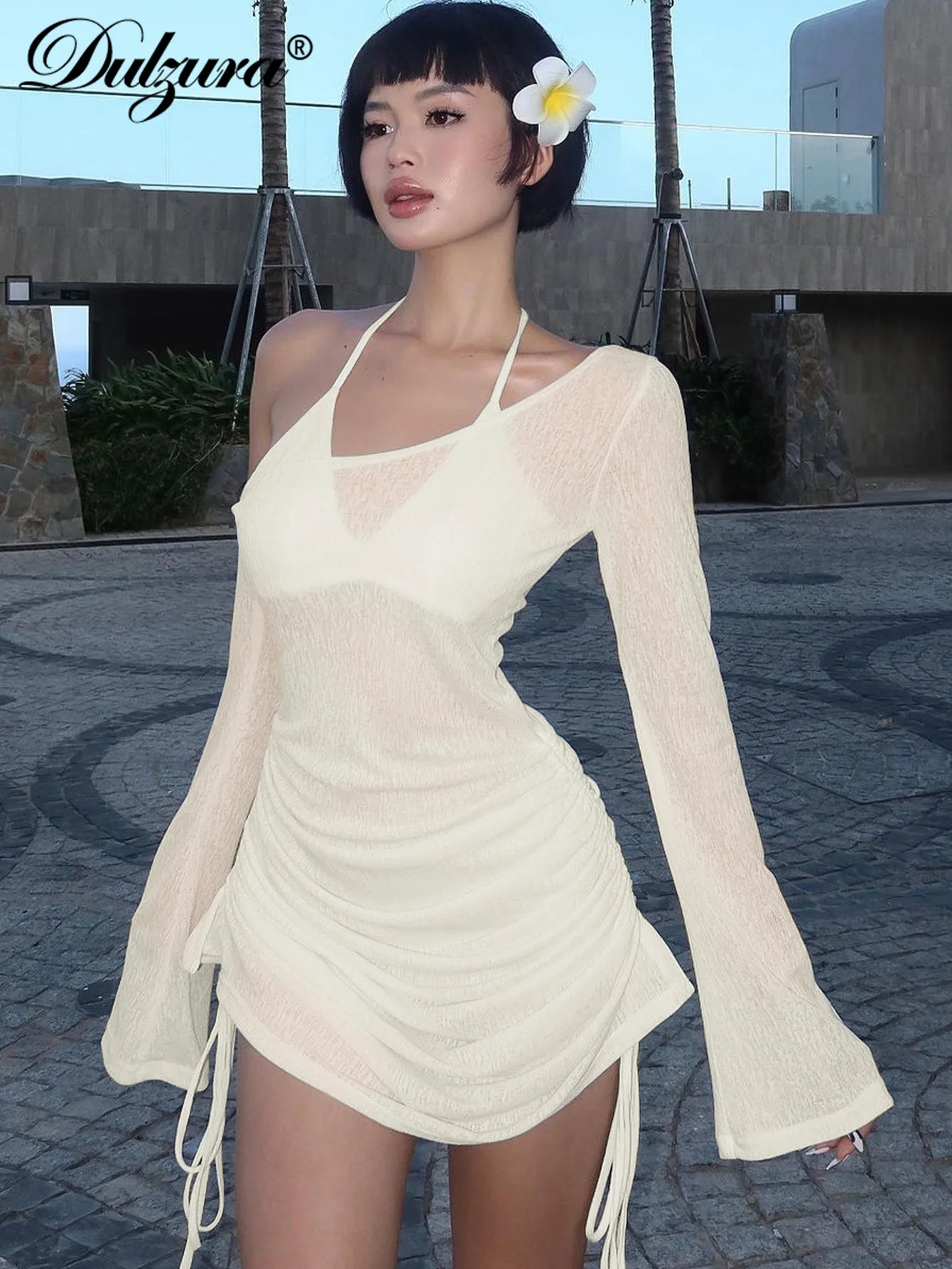 Dulzura Solid Skew Collar Ruched Straps Lace-Up See Through Draw String Mini Dress 2023 Summer  Women Party Clubwear Wholesale