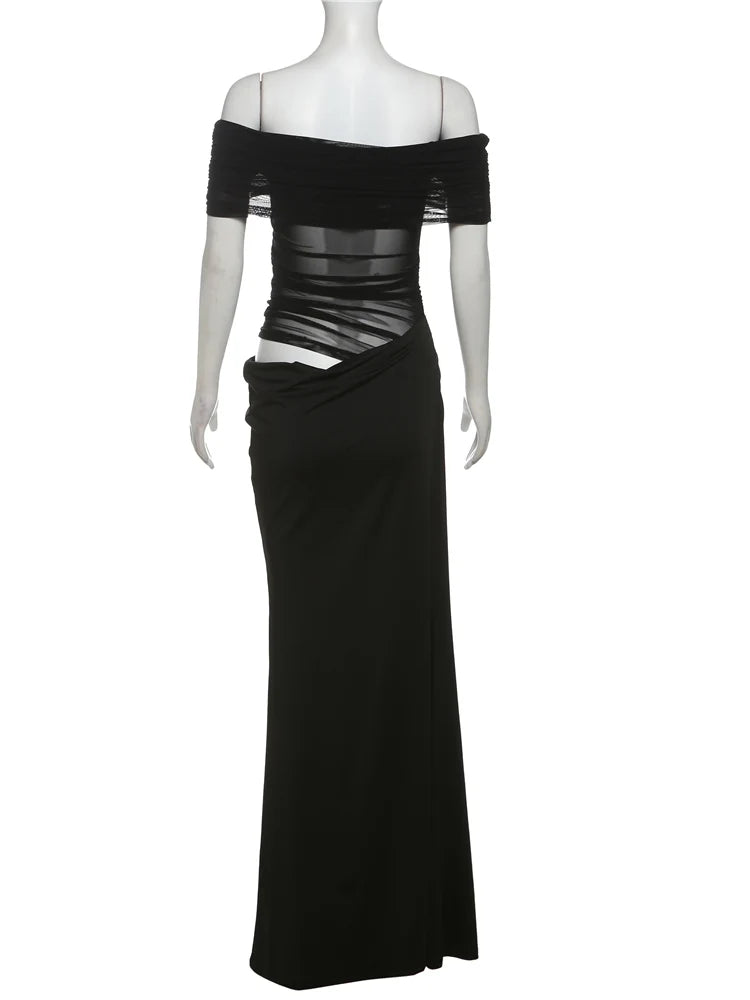 Mesh Patchwork Slash Neck Ruched Long Bodycon Dress — Women's