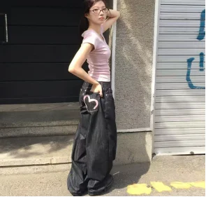 Korean pink heart-shaped pocket printed hot girl wide-leg jeans women's summer simple design high-waisted jeans straight pants