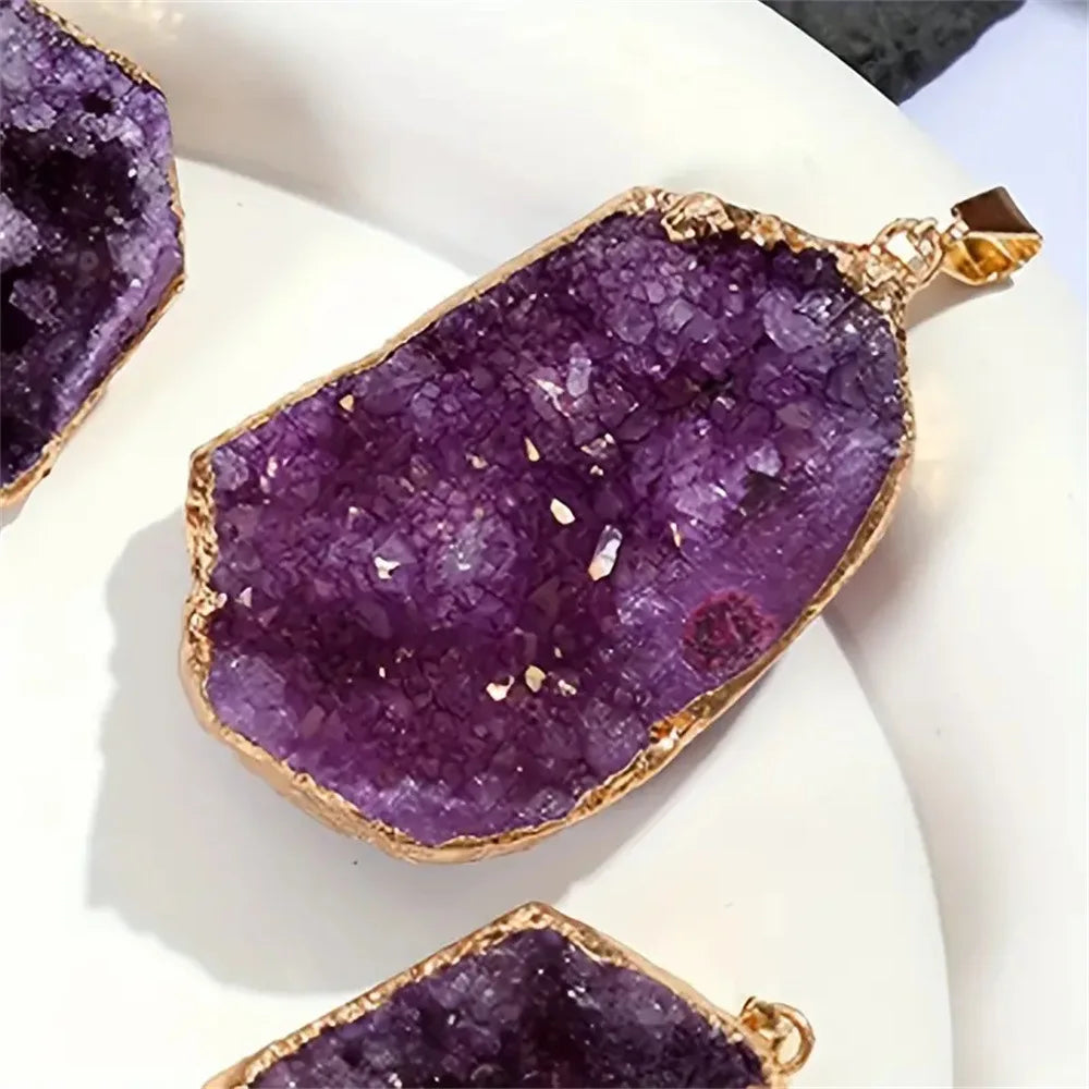 Natural Crystal Agate Geode Pendant Gemstone Dyeing Colorful Cluster Golden Edge Irregular Stones Charms DIY Jewelry Making Gift