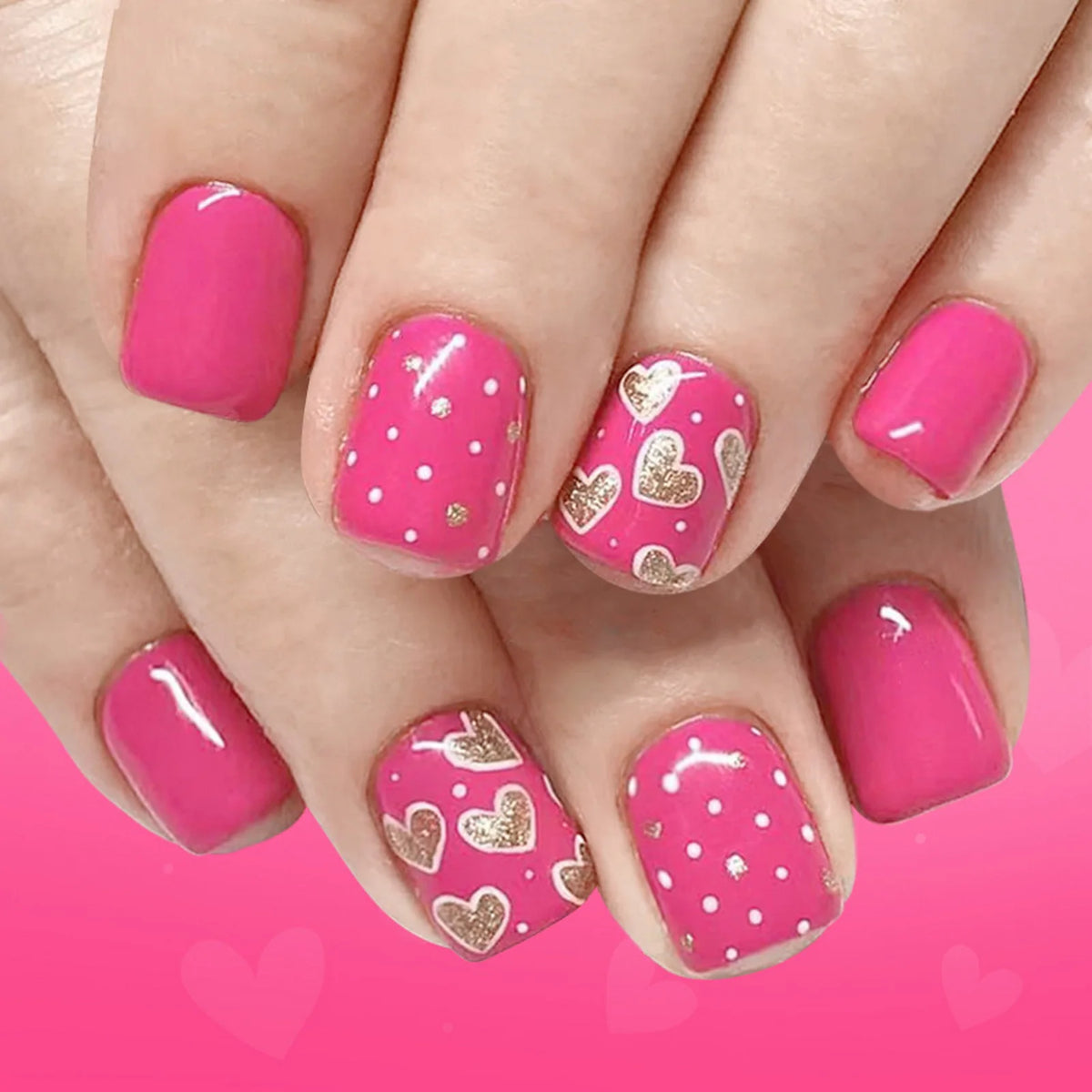 Y2K Girls Black French Fake Nails 24Pcs Short Square Press On Nails Pink Love Heart/Dot Printed Valentine's Day Charm Manicure