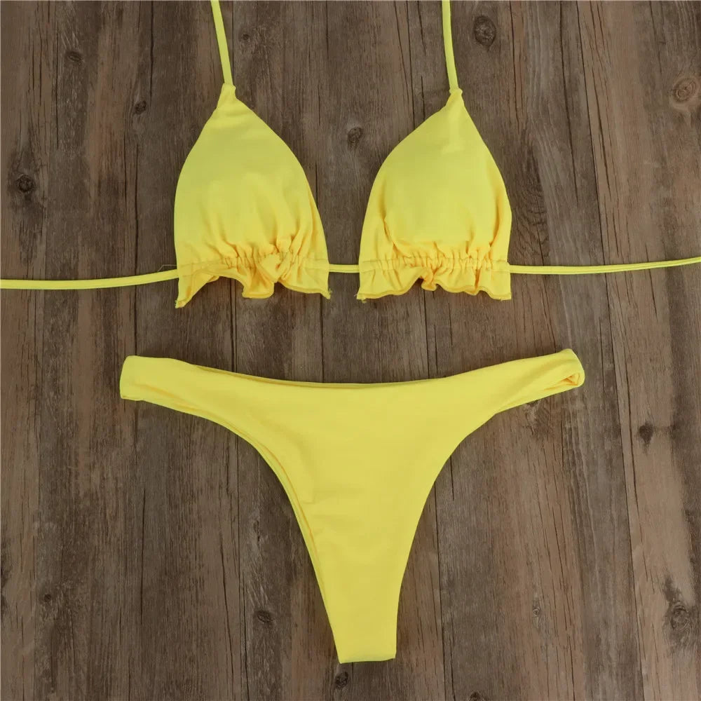 Summer Brazilian Bikini Set Women Sexy Bandage Top Thong Bottom Set Push-up Swimwear Lace Up Swimsuit Beachwear