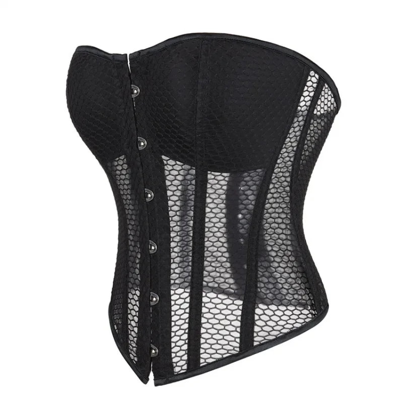 Women Lace Up Sexy Transparent Mesh Boned Corset Overbust Bustier Lingerie Bodyshaper Top Corsets Top