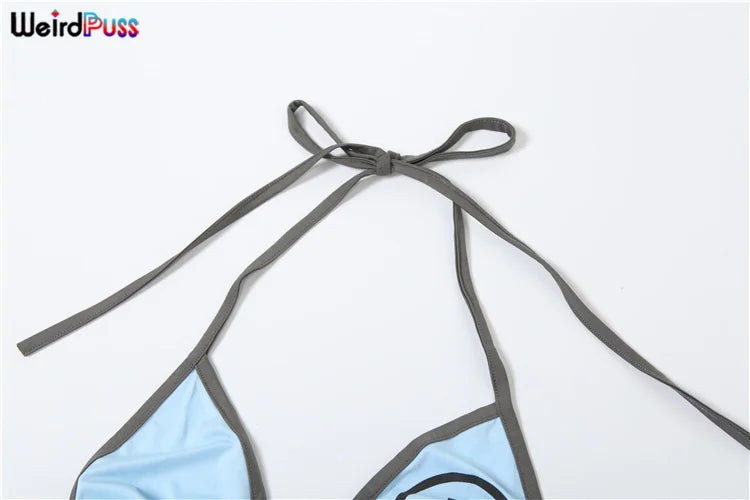 Weird Puss Beach Vacation 3Piece Set Women Letter Print Sexy Summer Bra+Bandage Briefs+Skirts Hipster Midnight Matching Clubwear