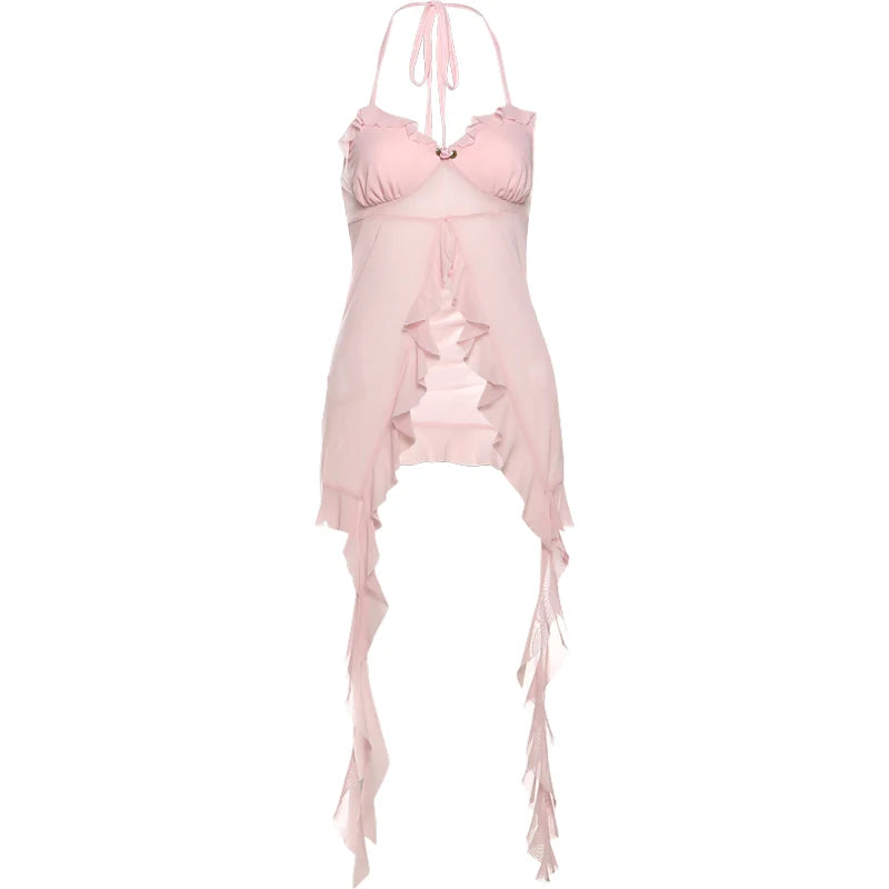 Weird Puss Patchwork Mesh Y2K Sexy Camisole Women Halter Bandage Low-Neck Tassel Ruffles 3d Flowers Midnight Club Sexy Tank Tops