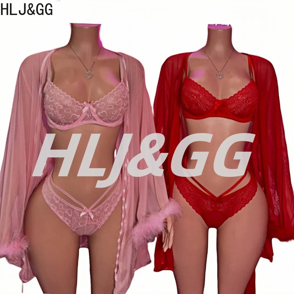 HLJ&GG Sexy Lace See Though 3 Pieces Home Nightgown Sets Women Bra + Thong + Feather Cuffs Long Sleeve Kimino Robe Outfits 2025