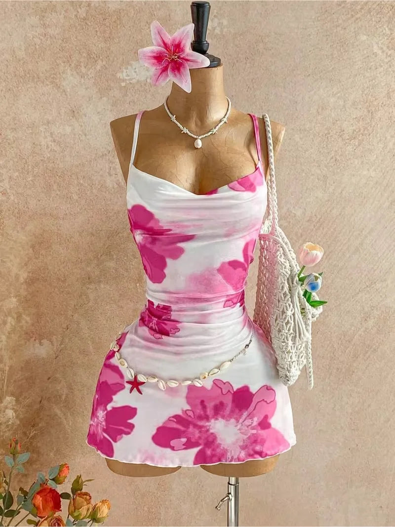 Women Halter Cowl Neck Floral Print Side Ruched Ruffle Hem Mini Dress 2026 Summer Tropical Beach Y2K Going Out Party Bodycon Dre