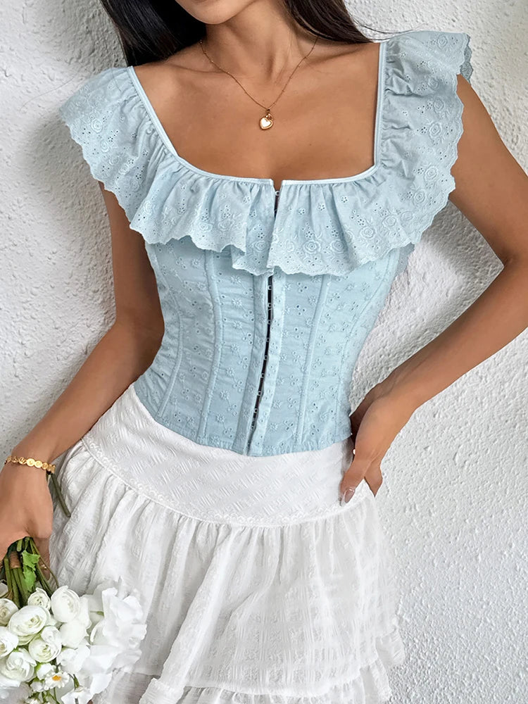 OIINAA Crop Top Women Slash Neck Ruffled Slim Y2k Tops Backless Cross Lace Up White Tank Top Summer 2025 Spice Girls Sexy Tops