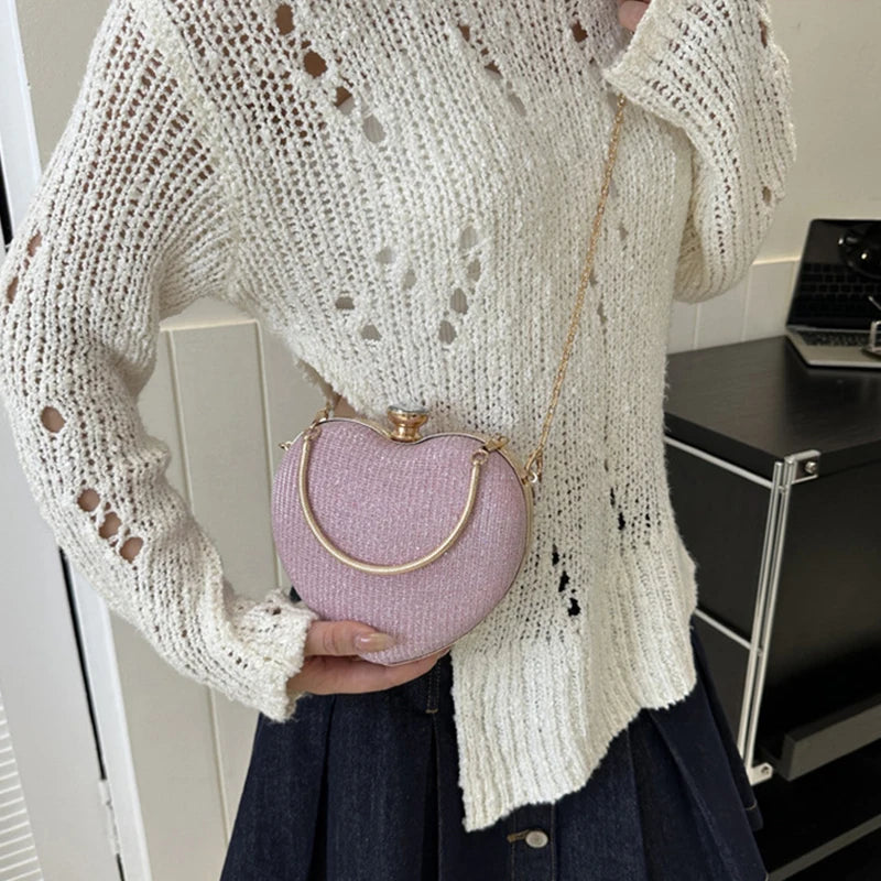 Evening Clutch Bag For Women Shiny Heart Shape Metal Clutch Chain Shoulder Purse