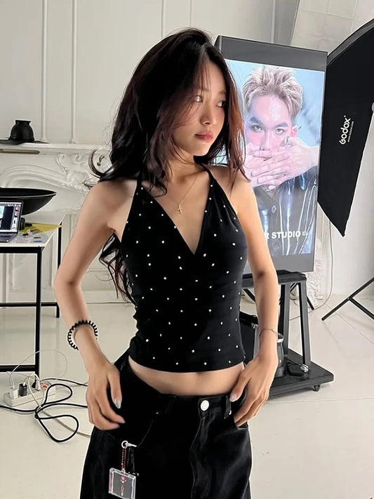 Weird Puss Polka Dot Print Tank Tops Women V-Neck Halter Lace-Up Backless Sleeveless Skinny Sexy Daily Street Summer Basic Vest