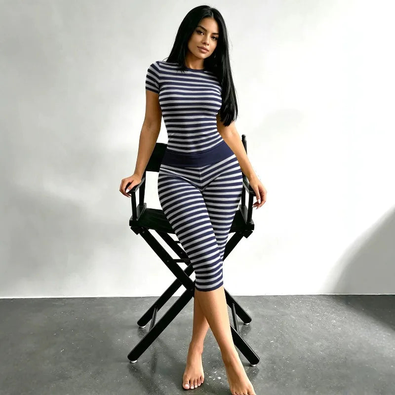 Women 2 Piece Casual Bodycon Outfit Striped Short Sleeve Tops High Waist Pants Set Loungewear Suit  Home Sleepwear Daily Wear