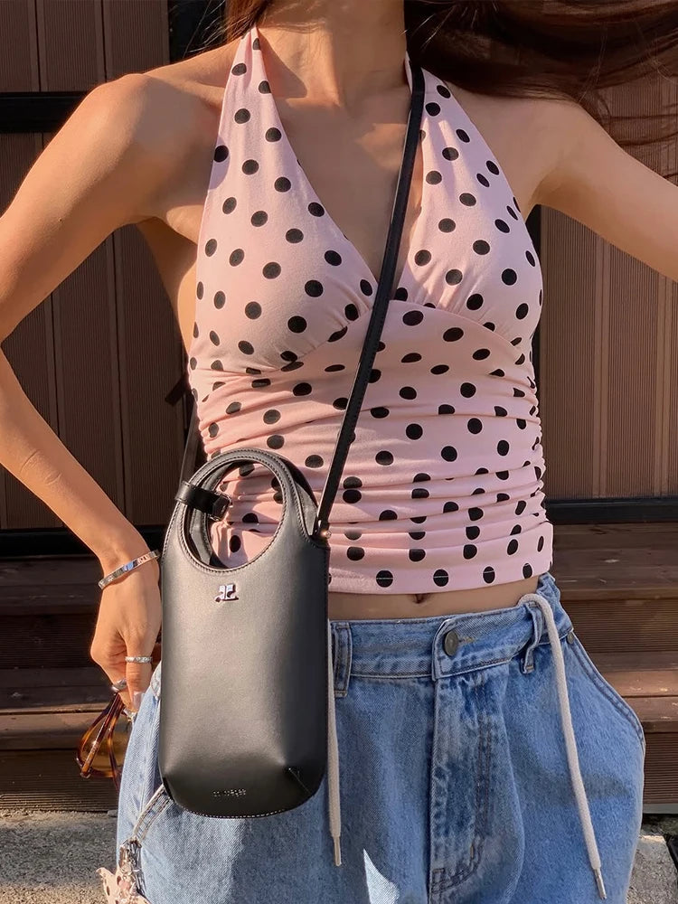 weird Puss Halter v-Neck Vest Women Y2K Lace-Up Backless Polka Dot Print  Skinny Summer Fashion Daily Street Basic Tank Tops