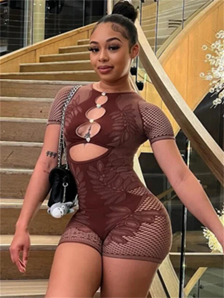 Weird Puss Hollow Diamond Playsuits Woman Summer Sexy Short Sleeve O-Neck Sport Knit Casual Comfortable Streetwear Skinny Romper