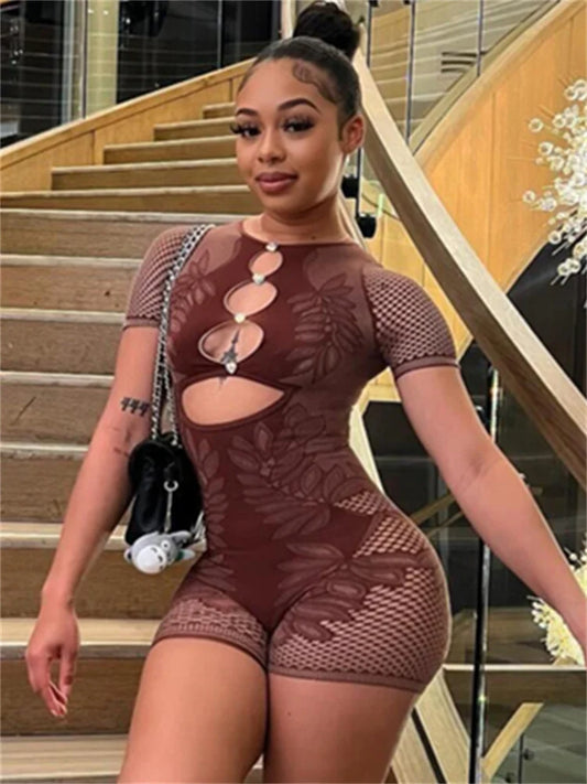 Weird Puss Hollow Diamond Playsuits Woman Summer Sexy Short Sleeve O-Neck Sport Knit Casual Comfortable Streetwear Skinny Romper