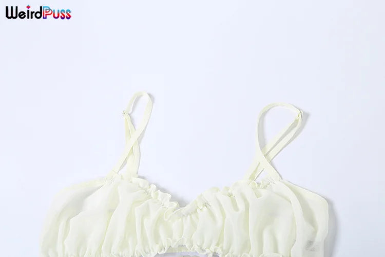 Weird Puss Ruffles 2 Piece Set Women Summer Vacation Beach Style Thin Camisole+Ruched Sexy Peach Hip Skirts Matching Clubwear